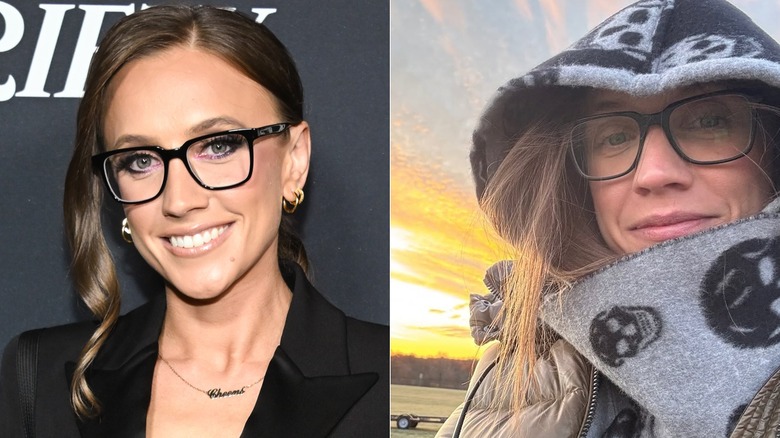 Left: Katherine Timpf showing dark lashes beneath her black frames, wearing beige glossy lipstick; Right: Katherine Timpf with a makeup-free face, wearing a skull-printed hoodie