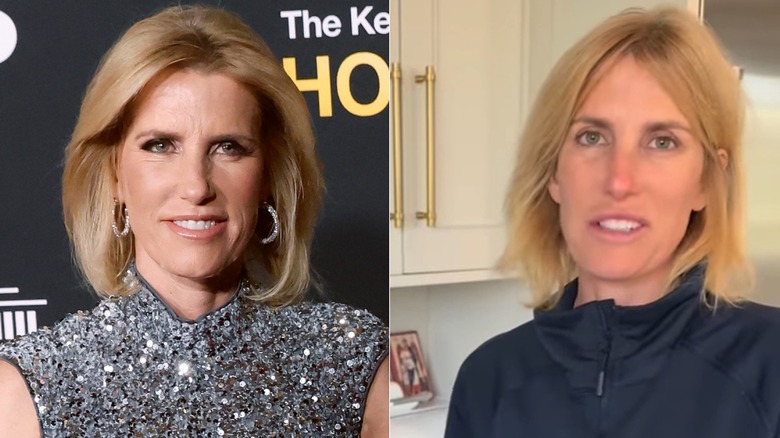 Left: Laura Ingraham in a sequined outfit and full makeup on the red carpet; Right: Laura Ingraham at home, in a black athletic jacket and no makeup