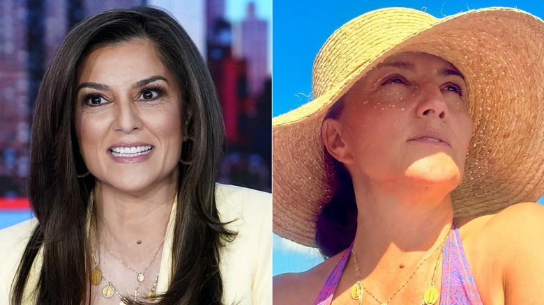 Left: Rachel Campos-Duffy displaying bold onyx lashes and voluminous tresses; Right: Rachel Campos-Duffy with clean, clear skin, wearing a straw hat