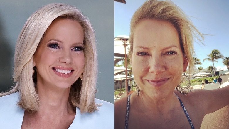 Left: Shannon Bream with dark lashes and pink lip gloss; Right: Shannon Bream in a bathing suit, with her hair pulled back and no makeup