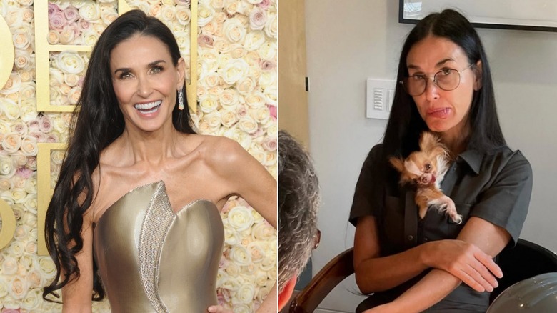 Demi Moore at the 82nd Golden Globes in January 2025 and Demi Moore with Pilar and without makeup in September 2023