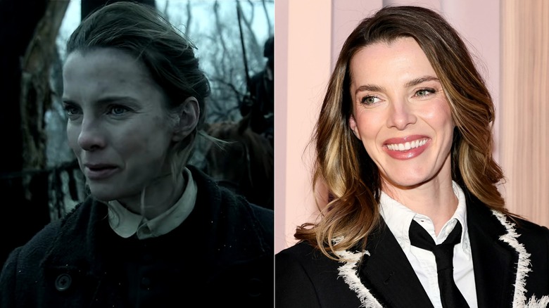 Split image of Betty Gilpin in "American Primeval" and at a red carpet event