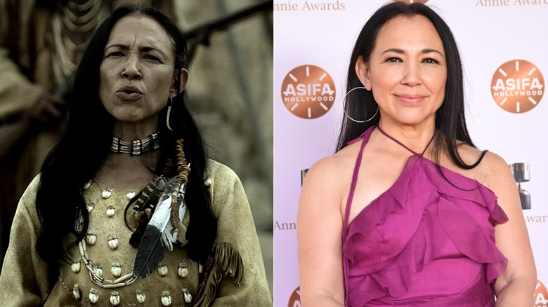 Split image of Irene Bedard in "American Primeval" and at a red carpet event