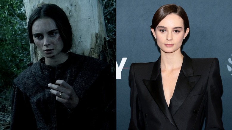 Split image of Saura Lightfoot-Leon in "American Primeval" and at a red carpet event