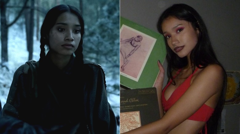 Split image of Shawnee Pourier in "American Primeval" and posing with two vinyls in a casual setting