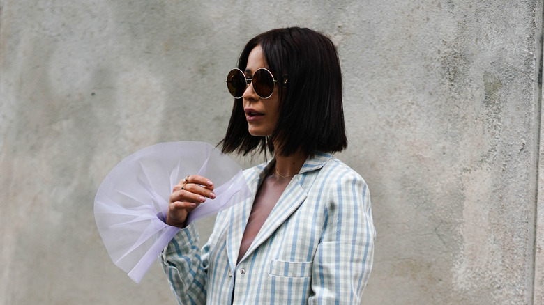 woman with box bob haircut