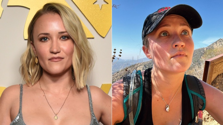 Emily Osment with and without makeup, side by side photos