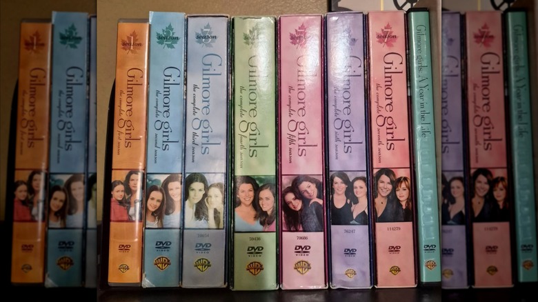 Every season of "Gilmore Girls" on DVD lined up in a colorful row