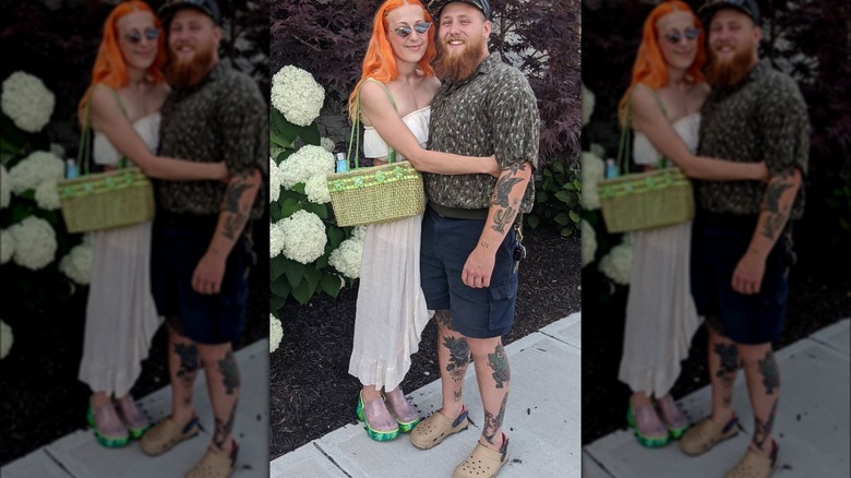 woman and man in crocs