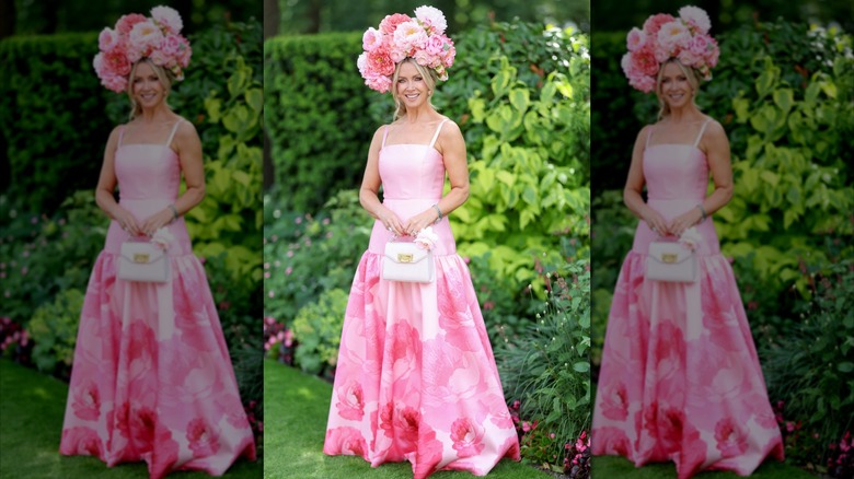 Anouska Lancaster in a pink dress and headpiece at Royal Ascot day one