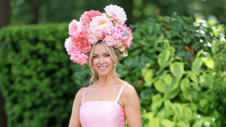 Anouska Lancaster in an elaborate floral headpiece at Royal Ascot 2026