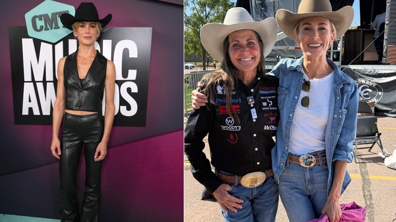 Split image of Jennifer Landon wearing western-inspired outfits with cowboy hats