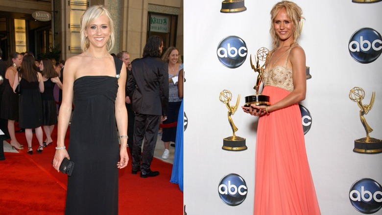 Split image of Jennifer Landon wearing floor-length gowns at the 2007 and 2008 Emmy Awards