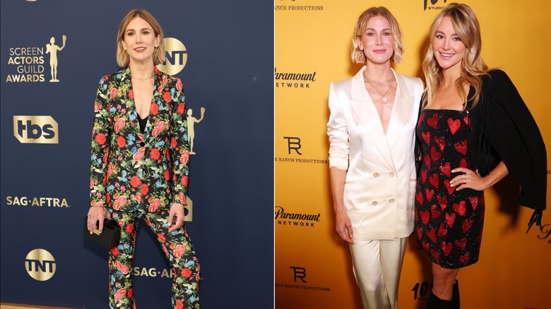 Split image of Jennifer Landon attending red carpet events in the late 2010s wearing suits