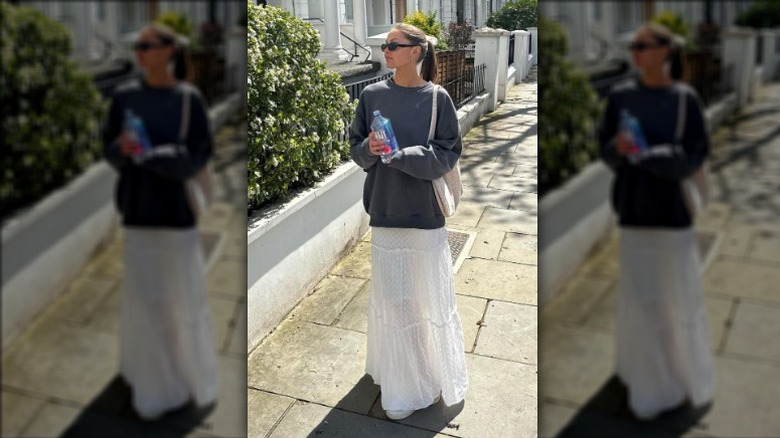 Sweatshirt maxi flowy skirt outfit