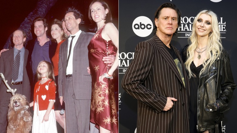 Split image of a young Taylor Momsen posing with the cast of "How The Grinch Stole Christmas" in 2000 and with Jim Carrey in 2025