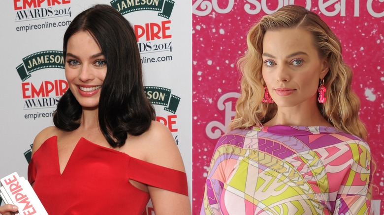 Split image of Margot Robbie smiling at an award show with brown hair in 2014 and posing at a "Barbie" photocall with blond waves