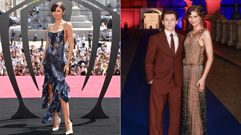 An image of Zendaya in London in a midnight blue dress and again with Tom Holland in a brown spider dress in Rome