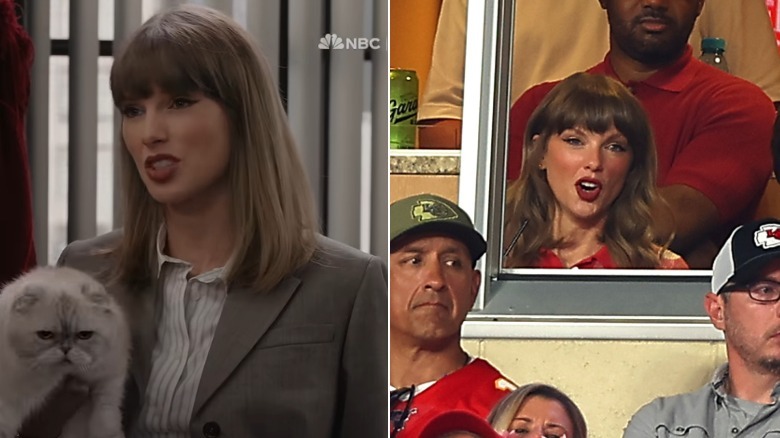 Split image showing Taylor Swift's new haircut straightened and with texture