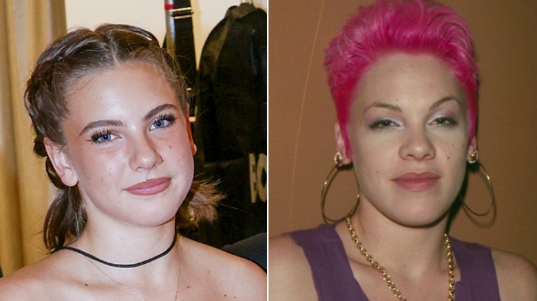 Split image of Willow Hart and her mother P!nk as a young woman
