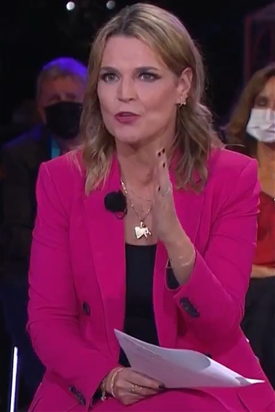 Savannah Guthrie wearing a pink suit at the 2020 NBC Donald Trump Town Hall