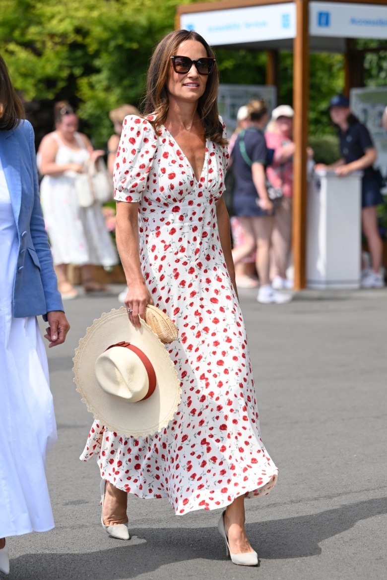 Pippa Middleton pictured at Wimbeldon wearing a floral sundress with white heels