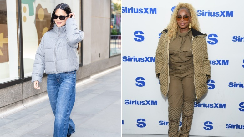 Olivia Munn and Marj J Blige wearing puffer coats