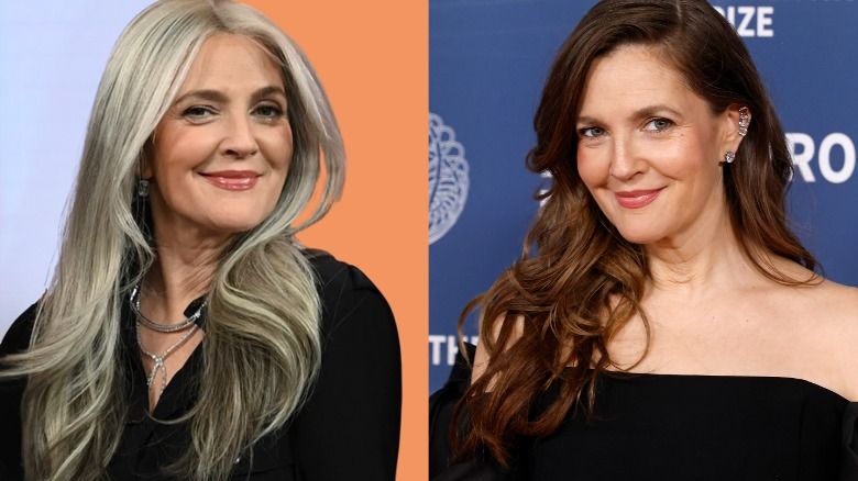 Side by side photos of Drew Barrymore
