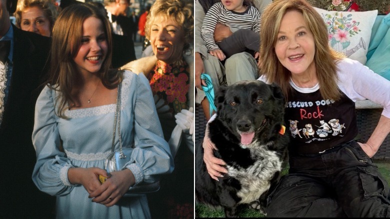 Linda Blair in a blue dress in 1974 and in a black-and-white shirt in 2026