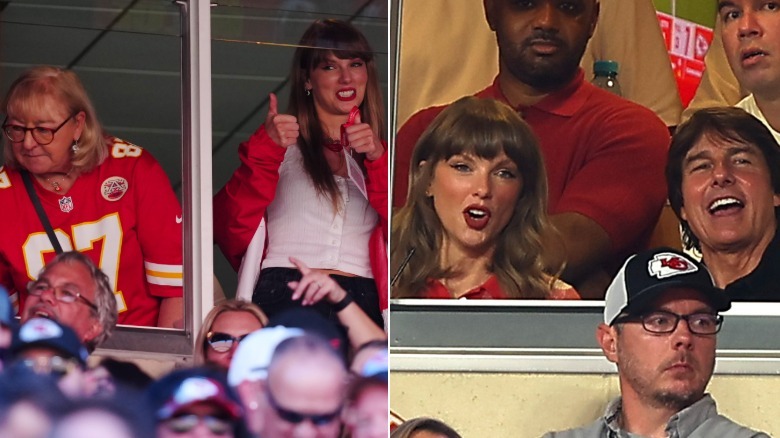 Taylor Swift in her first Chiefs game in September 2023 (left) and Taylor Swift in her most recent game in September 2026 (right)