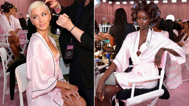 Split image of Iris Law and Anok Yai getting ready for the Victoria's Secret Fashion Show with pearly nails